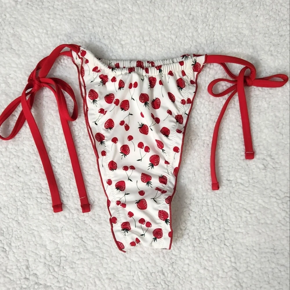 New! Frankie Bikini Summer Berries  Strawberry Print Bikini Bottom with Red Ties
